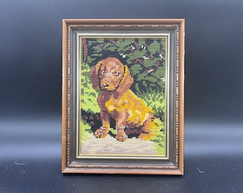 Dachshund Puppy  Needlepoint Wall Hanging Artwork Needle Art Wood Frame Vintage
