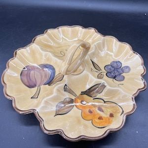 Assiette de relish divisée en poterie de Los Angeles, milieu du siècle, avec poignée vintage en poterie de Californie, livraison gratuite