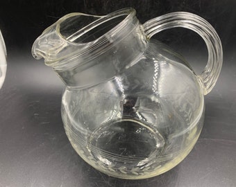 Tilt Ball Pitcher Clear Etched Glass Mid Century Vintage Ribbed Handle FREE SHIPPING