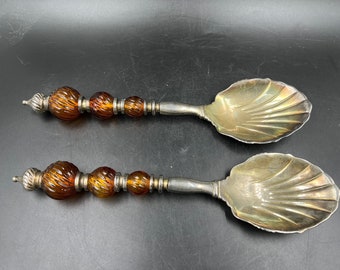 Godinger Silver Plated Salad Serving Set Amber Glass Bead Handles Vintage