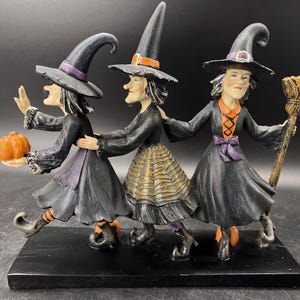 Sweet Faced Halloween Witch Trio Figure Conga Dancing Broom Mantle 