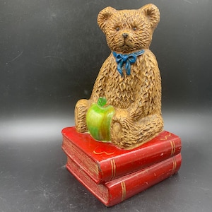 School Time Teddy Bear Cast Iron  Doorstop / Bookend Book Stack Vintage FREE SHIPPING