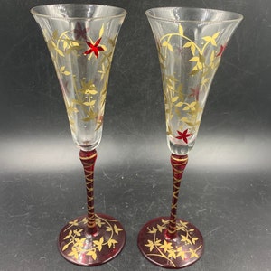 Champagne Flutes Hand-painted Golden Leaves Burgundy Red Flowers Toasting Wedding Reception Bride Groom image 1