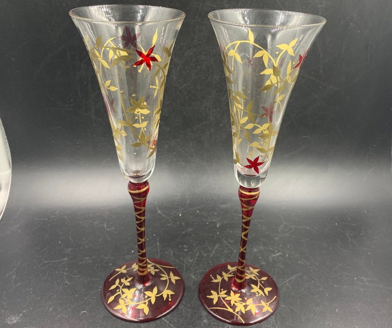 Champagne Flutes Hand-painted Golden Leaves Burgundy Red Flowers Toasting Wedding Reception Bride Groom image 1