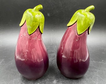 Eggplant Salt and Pepper Shakers Ceramic 5” Tall Vintage