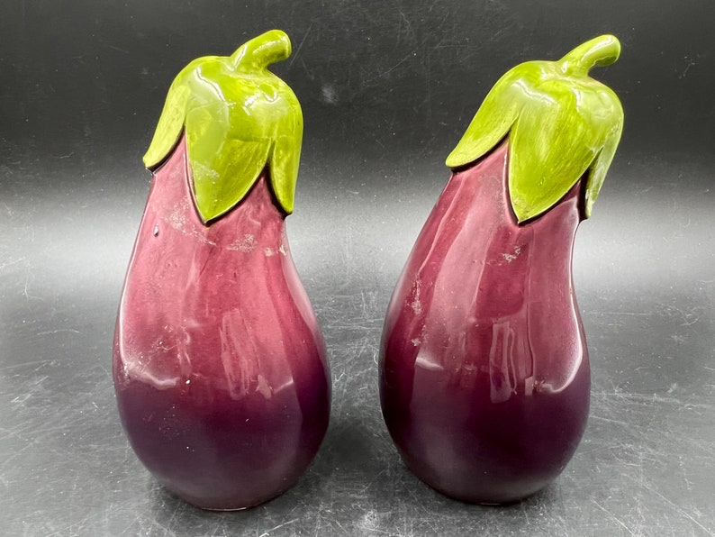 Eggplant Salt and Pepper Shakers Ceramic 5 Tall Vintage image 1