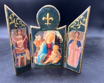 Vintage TRIPTYCH Old World Gesso Gilt Wood Madonna and Child Angels Religious