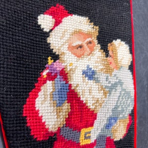 Peking Handicraft Vtg Wool Santa and Child Needlepoint Stocking Black Velvet Backer image 3