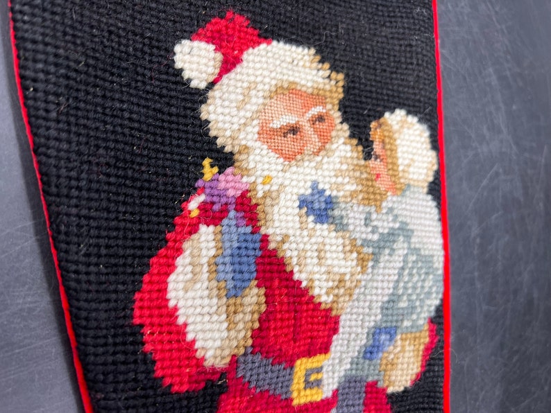 Peking Handicraft Vtg Wool Santa and Child Needlepoint Stocking Black Velvet Backer image 3