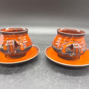 MCM Ditlev Denmark Set of 2 Cup and Saucer Danish Modern Mid Century Pottery Flame Red-Orange Drip Glaze Vintage Stoneware FREE SHIPPING image 4