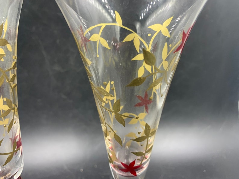 Champagne Flutes Hand-painted Golden Leaves Burgundy Red Flowers Toasting Wedding Reception Bride Groom image 4