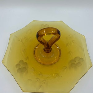 Elegant Depression Glass Tidbit Tray Amber Glass Etched Flowers Vintage image 3