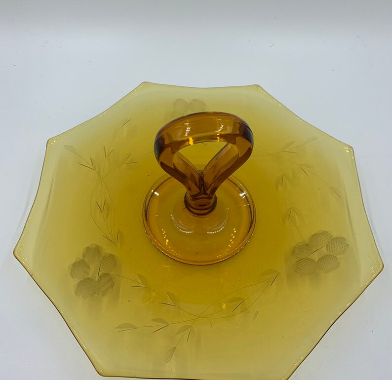 Elegant Depression Glass Tidbit Tray Amber Glass Etched Flowers Vintage image 3