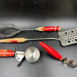 Vintage Kitchen Tools Whisk Spatula Ice Cream Scoop Knife Sharpener Red Wood Handled Old Timey 4 Piece Set FREE Shipping