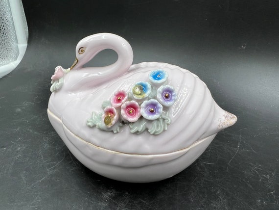 Vintage Kelvin Japan Swan Trinket Dish, Fine Bone China Vanity Jar