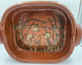 Vintage Stoneware Open Casserole Baking Dish Waterfowl Scene Duck Blind Water Reeds Mountains FREE SHIPPING