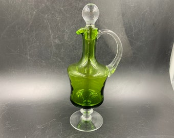 Blown Glass Green Cruet Ewer Applied Clear Glass Base and Handle Glass Ball Stopper