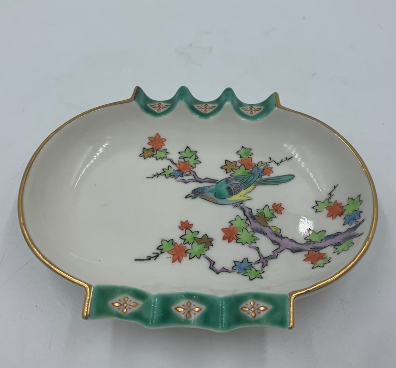 Handpainted Porcelain MIJ Ashtray Trinket Dish with Tree Branch and Bird