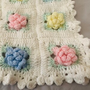 Baby Afghan Rosette Pattern White Pink Blue and Yellow Rosettes Super Soft image 2