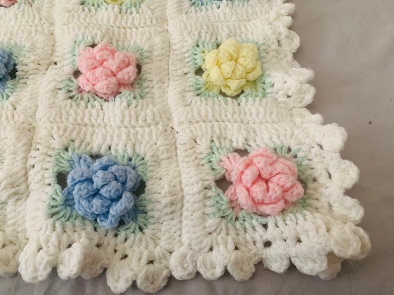 Baby Afghan Rosette Pattern White Pink Blue and Yellow Rosettes Super Soft image 2