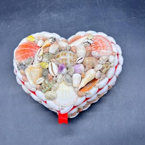 Seashell Fat Heart Shaped Box Large 8” Sweethearts Shell Encrusted Trinket Box Vintage FREE SHIPPING