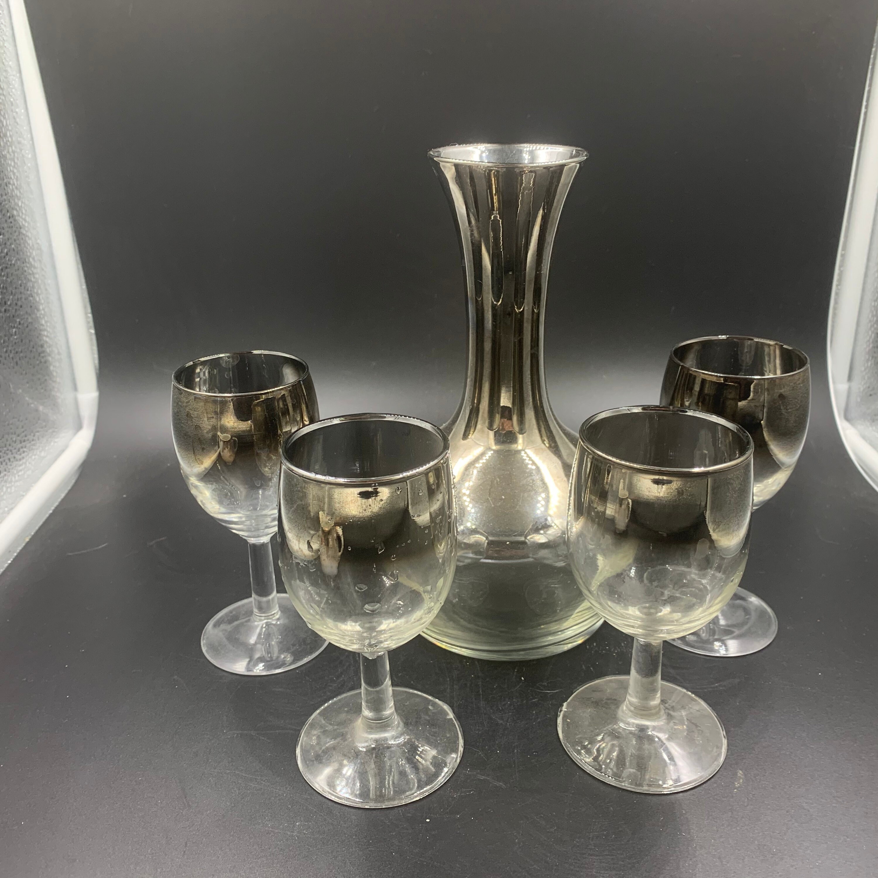Mid-Century Dorothy Thorpe Silver Fade Wine Glasses & Decanter Set