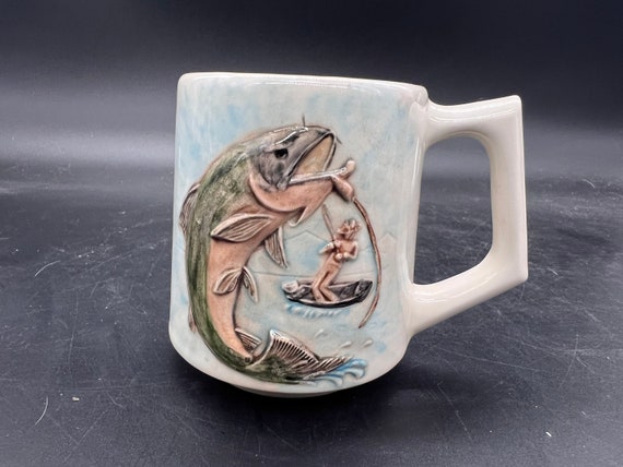 Fly Fishing Coffee Mug Ceramic Handpainted Vintage 2 Sides 