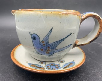 Ken Edwards Tonala Pottery Creamer with Underplate El Palomar Bird Mexico Vintage