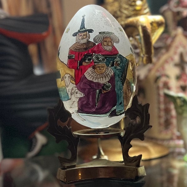 Reverse Painted Glass Christmas Egg Three Wise Men Three Kings With Solid Brass Stand Signed S.M.C 1991