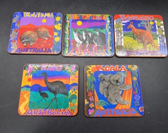 Australian Animals Coasters, Colorful Cork Coasters Set with Wooden Caddy
