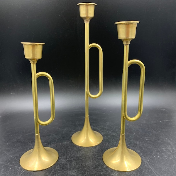 Brass Trumpet Taper Candlestick Holders Vintage Set of 3 Ascending Sizes