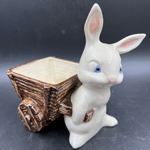 Bunny Rabbit Pulling Cart Planter Kitschy Ceramic Vintage Hand Painted FREE SHIPPING