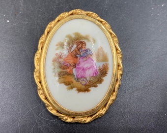 Limoges France Pin Brooch Courting Couple Lovers Porcelain
