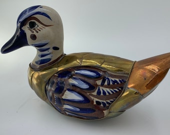 Tonala Armored Duck Hand-painted Indigo Brass and Copper Mexican Folk art   Vintage