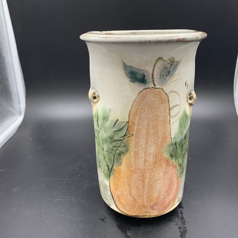 Mary Claussen Pottery Vase Utensil Holder Pears Grapes Fruit Motif Signed Vintage l image 1