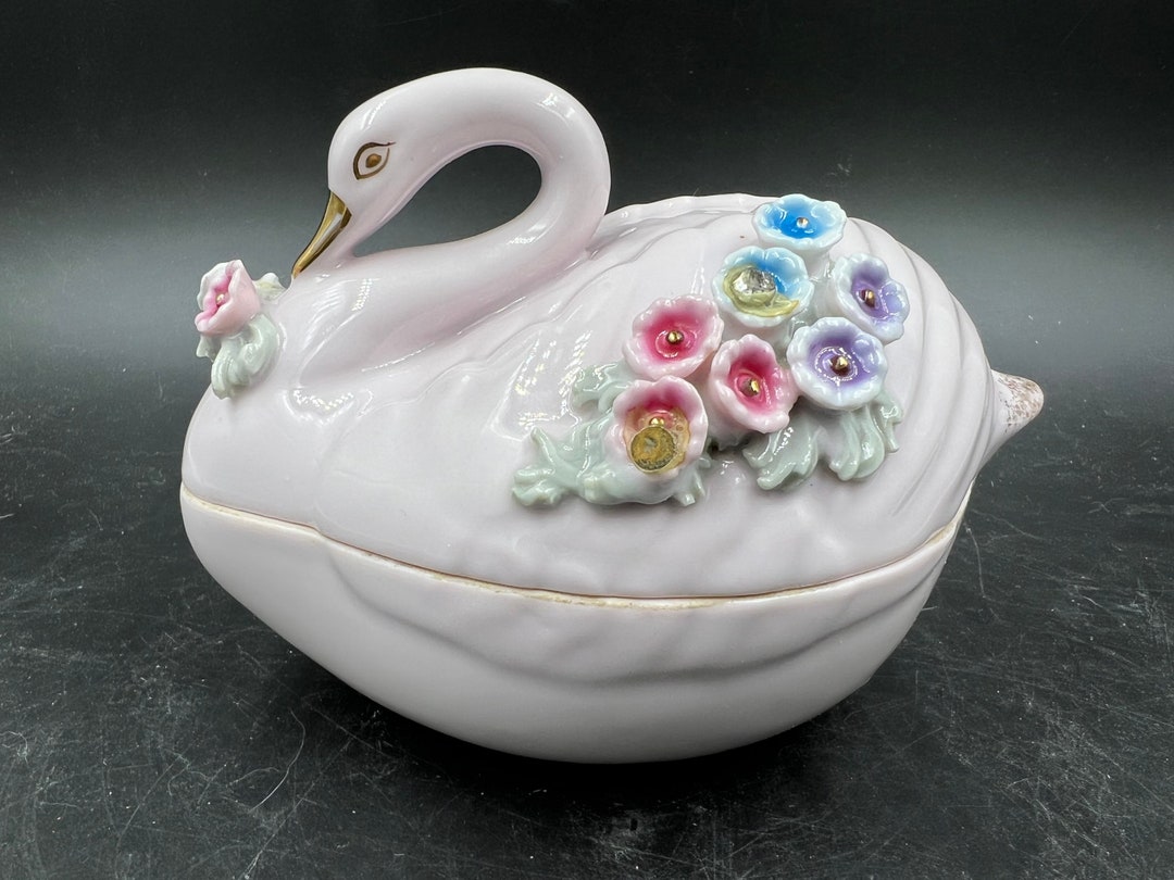Vintage Kelvin Japan Swan Trinket Dish, Fine Bone China Vanity Jar