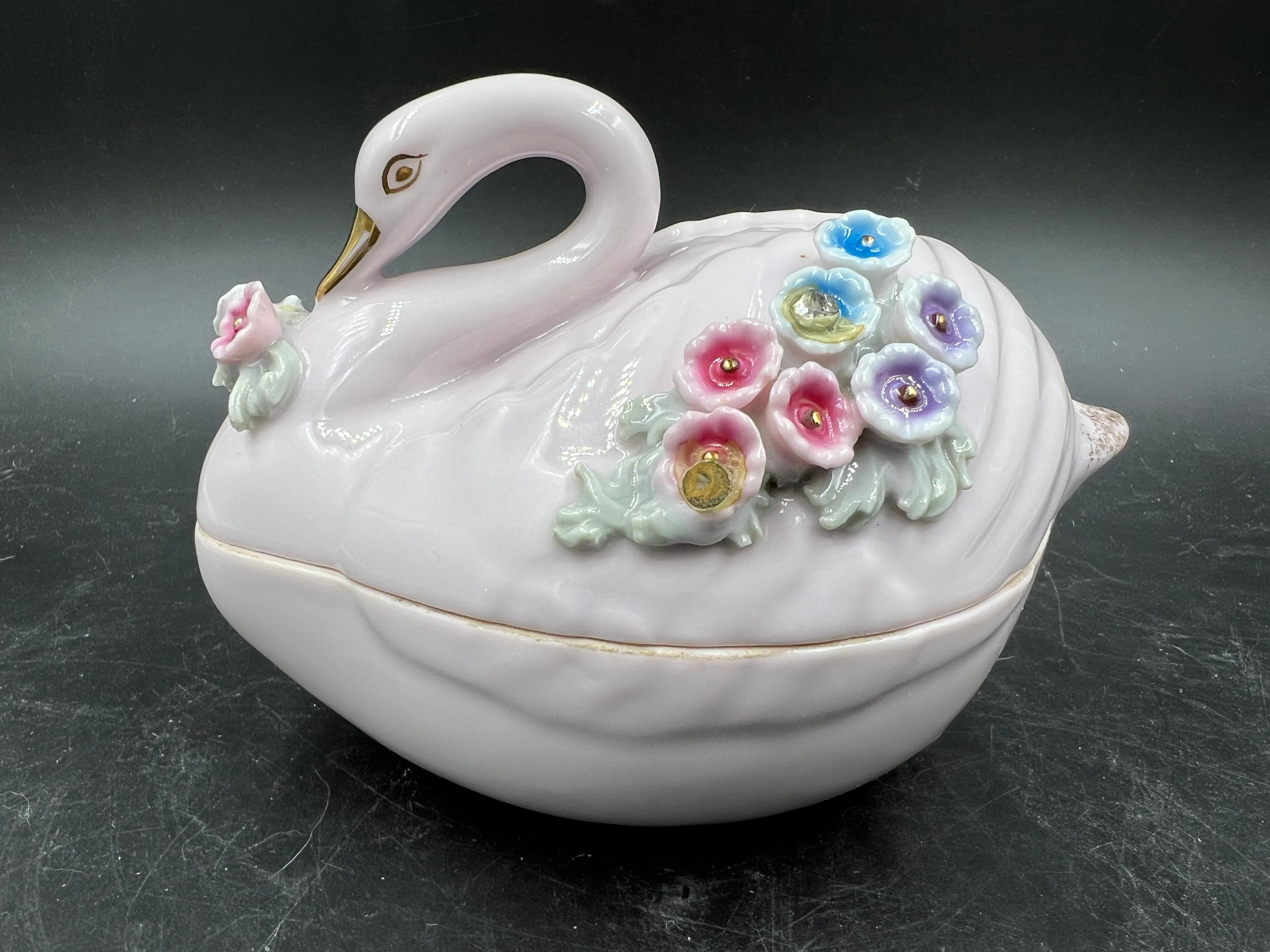 Vintage Kelvin Japan Swan Trinket Dish, Fine Bone China Vanity Jar