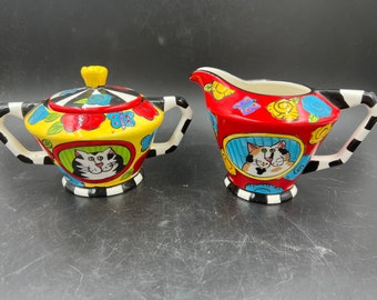 Catzilla Candice Reiter Sugar Bowl & Creamer Signed Ceramic Cat Lover Red Yellow Black FREE SHIPPING