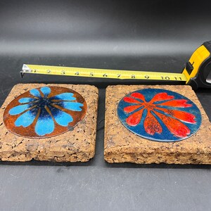 Chunky Cork and Enameled Metal Trivets Coasters 5” Square 1970s