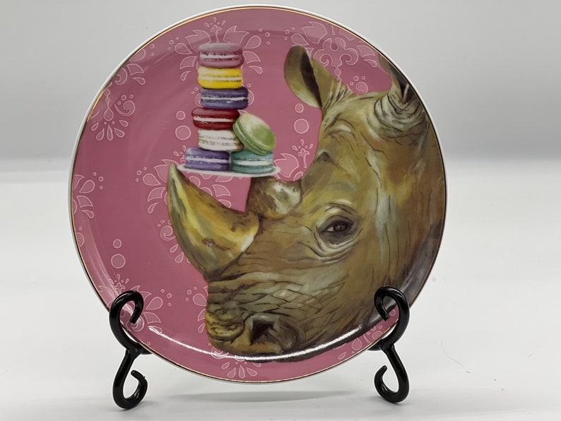 Greenbox Art and Culture Rhino with Macarons Jungle Haute Pink Dessert Plate image 1