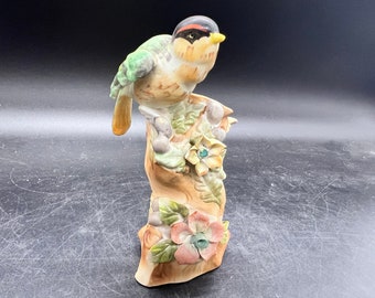 DCGC Bisque Porcelain Bird Goldfinch Tree Trunk Vase Figurine