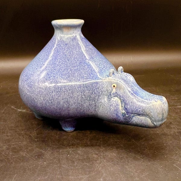 Mid Century Pottery Hippopotamus Vase, Periwinkle Speckled Glaze