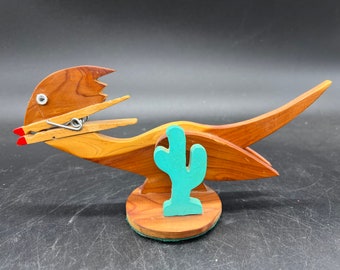 Wooden Roadrunner and Turquoise Cactus Memo Holder Googlie Eyes Clothespin Clip Vintage