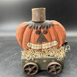Halloween Wood and Metal Folk Art Primitive Jack O’ Lantern on Cart Figurine Decor FREE SHIPPING