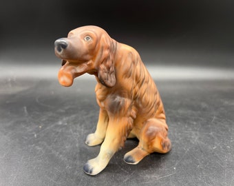 Sitting Dog Porcelain Figurine Satin Glaze Vintage Tongue Out