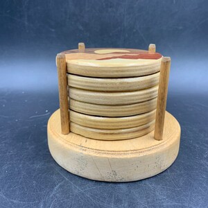 Wood Inlay Coasters With Caddy Marquetry Drink Beverage 3.5 Set of 6 ...