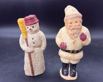 Teena Flanner Primitives Christmas Papier Mache Santa and Snowman Set of 2