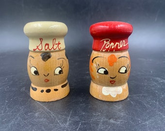 Hand Painted Wood Salt and Pepper Shakers, Mid Century