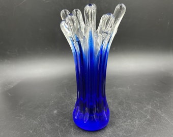 Vintage Art Glass Splash Vase 10 Finger Swung Vase Cased Clear and Cobalt Blue In the Style of Murano FREE SHIPPING