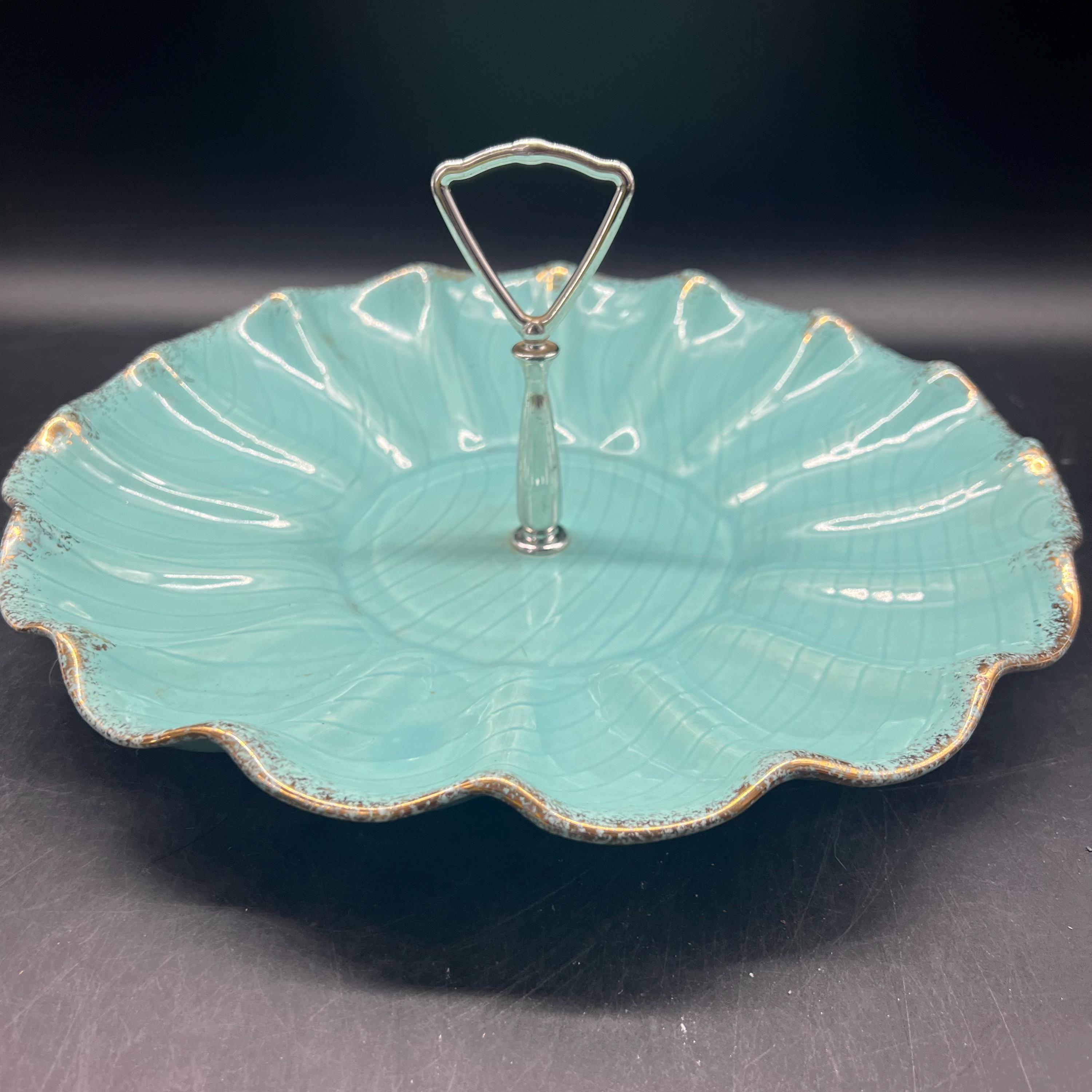 Vintage California Pottery Candy Dish, Turquoise & Gold, Mid
